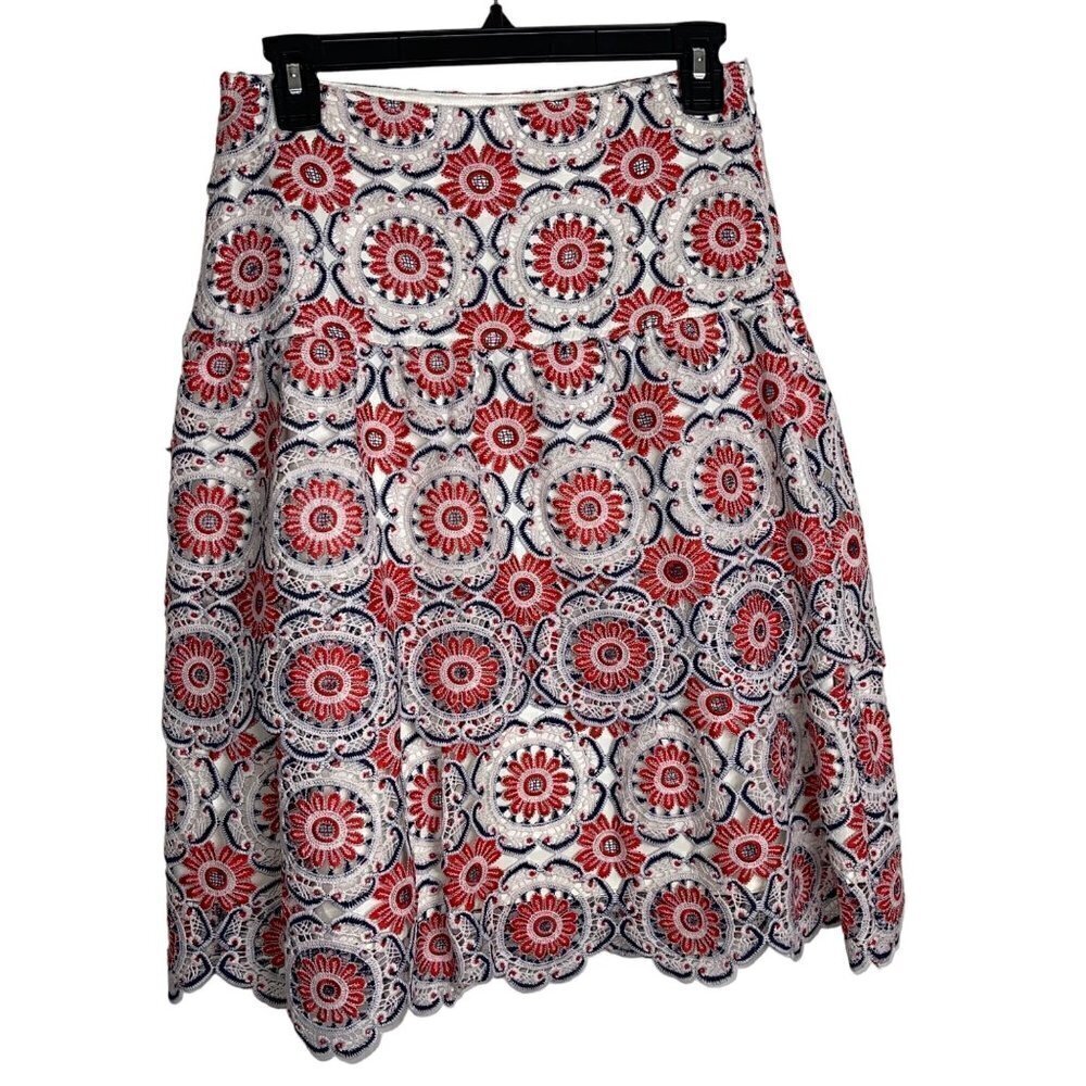 Eva Franco Skirt Size XS Red Blue White Brynn Embroidered Lace Cotton Blend
